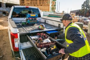 Organizing tools and equipment in work trucks and vans is easy with the DECKED CargoGlide slide and DECKED drawers.