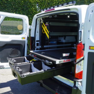 Shelving for cargo van with Ranger system, Bedslide drawers, and Whelen light bar.
