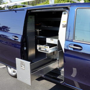 Shelving for cargo van with Ranger shelving and extended Ranger drawer system.