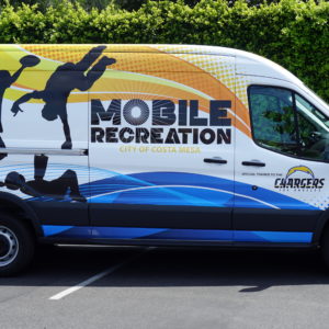 Branded van for City of Costa Mesa mobile recreation program sponsored by the Chargers.