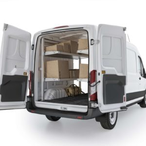 Ranger Design Shelving for Ford Transit Delivery Package TCL-19 Installed - Rear Doors Open