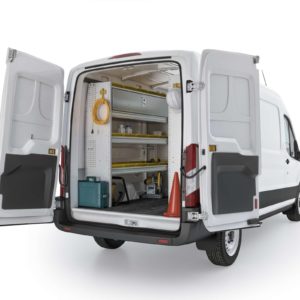 Ranger Design Aluminum Van Shelving Package, Ford Transit - FTM-27 Rear Passenger View