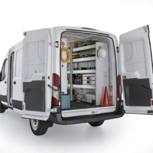 Ranger Design Aluminum Van Shelving Package, Ford Transit - FTM-27 Rear Driver View
