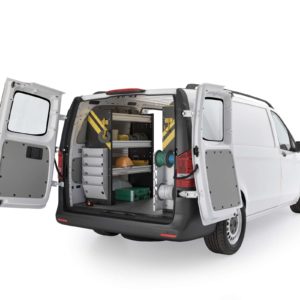 Ranger Design Shelving Mercedes Metris Electrical Package MML-11 Installed - Rear Angle Doors Open