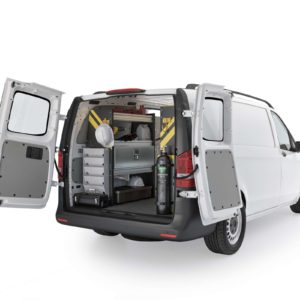 Ranger Design Shelving Mercedes Metris HVAC Package MML-12 Installed - Rear Angle Doors Open