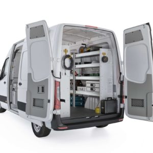 Ranger Design Aluminum Van Shelving Package for Mercedes Sprinter - Rear Angle