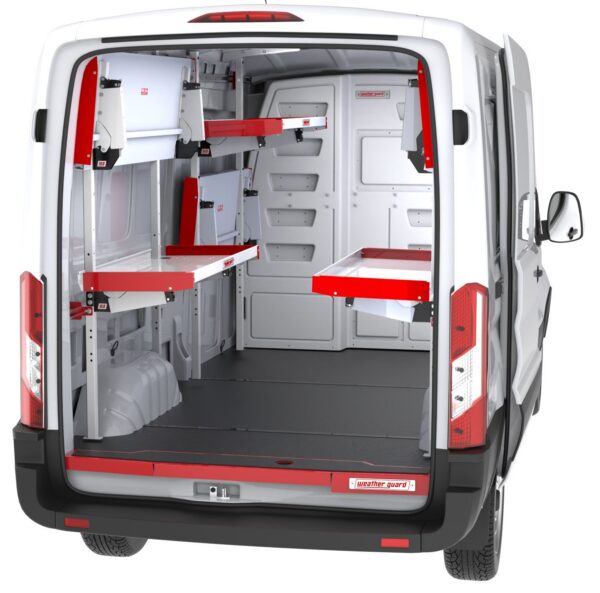 WEATHER GUARD FOLDING SHELVES with Rear Van Door Open