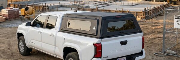 Overland Vehicle Systems Expedition Truck Cap installed on White Toyota Tacoma 4x4 parked at construction site.