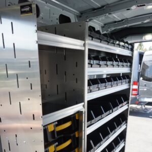 Cargo van shelving for cargo van with Ranger bins for parts and supplies.