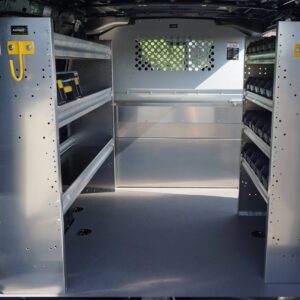 Ranger Shelving, Protective Bulkhead, Hang Hook, and Part Bins in Plumbing Van.
