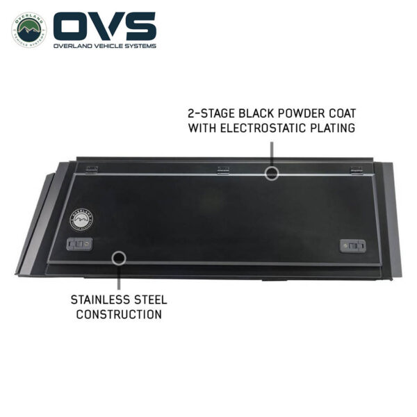 Overland Vehicle Systems truck cap with black powder coat and electrostatic plating for corrosion resistance