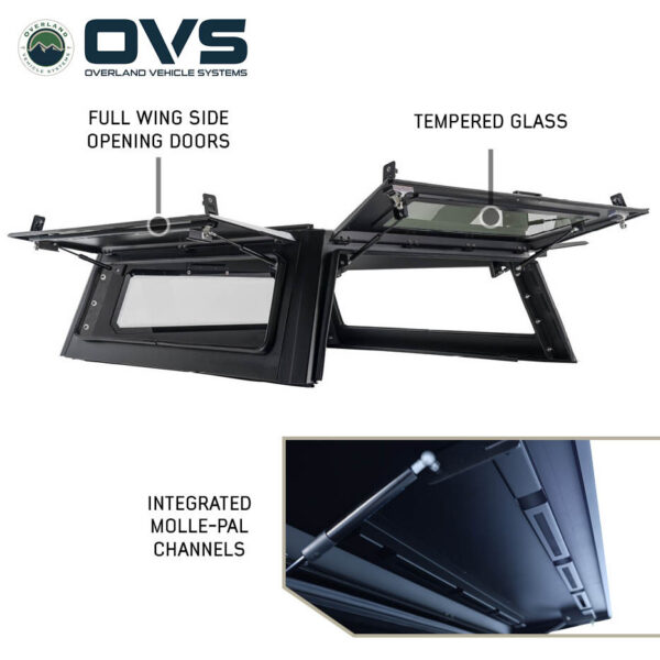 Overland Vehicle Systems truck cap gull wing side doors open for full cargo access