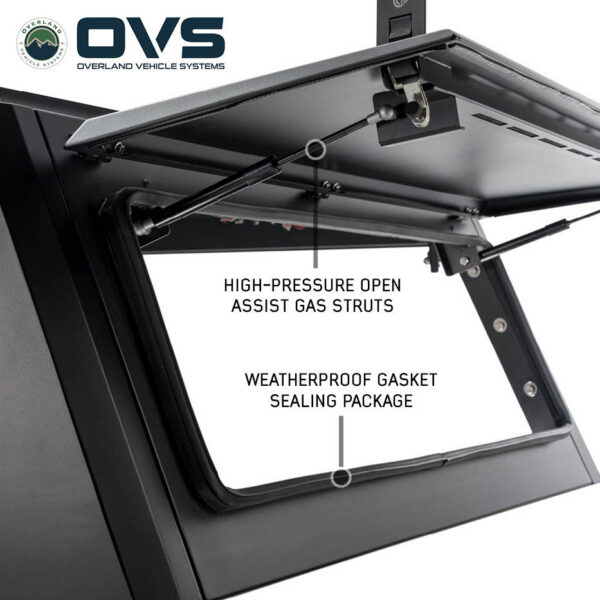 Overland Vehicle Systems truck cap high pressure gas struts for easy door opening and support