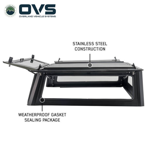 Overland Vehicle Systems truck cap with marine grade stainless steel construction for durability
