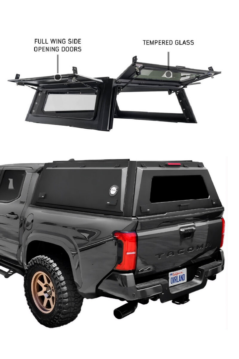 Overland Vehicle Systems truck cap installed on Toyota Tacoma with exploded view showing wing doors, windows, and modular features