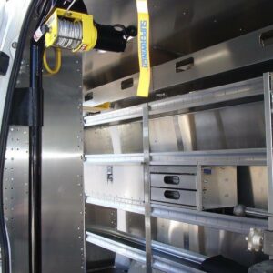 Interior-mounted Superwinch system on steel frame used to lift heavy plumbing equipment into van.
