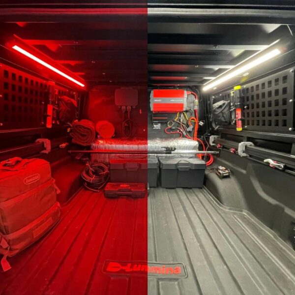 Kingpin Lighting F-Series dual color LED showing red and white light in truck bed
