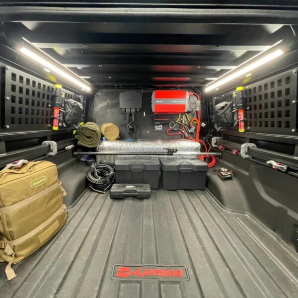 Kingpin Lighting bright white LED lighting illuminating truck bed workspace