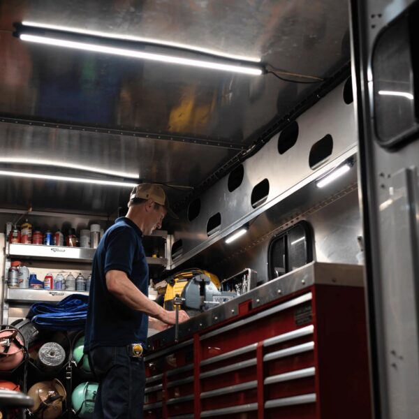 Kingpin Lighting overhead and under shelf lighting for van workbench