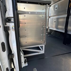 Reinforced workbench mounting and shelving brackets in locksmith van upfit for heavy-duty use