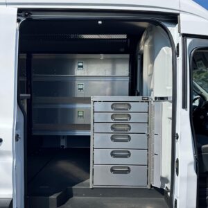 Locksmith van upfit with Ranger Design drawer system shown closed in side shelving layout
