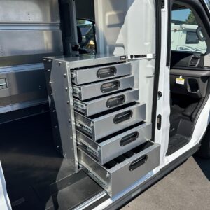 Locksmith van upfit showing open Ranger Design drawers with organized storage compartments