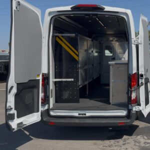 Locksmith van upfit with Ranger Design shelving and Legend door panels visible from rear